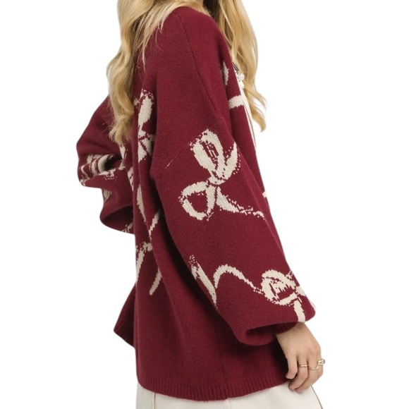 Umgee Bow Print Sweater Cardigan Balloon Sleeve in Burgundy & Tan - Picture 2 of 4
